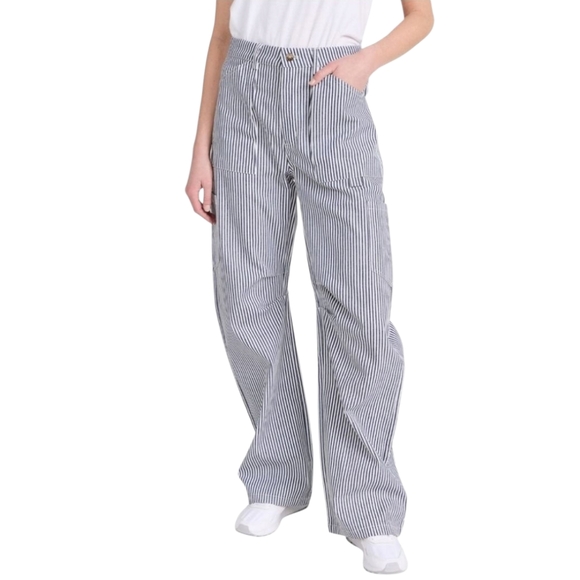 Lioness Miami Vice Navy/White Pinstripe Pleated Knee Loose-fit Pants size XS (2) - Picture 1 of 15